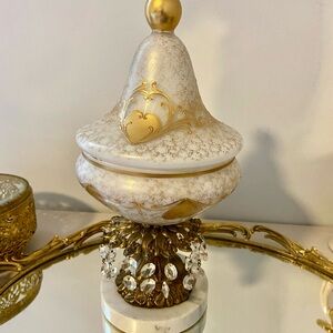 Stunning Vintage Czech Opaline & 24 kt Gold Heart Compote